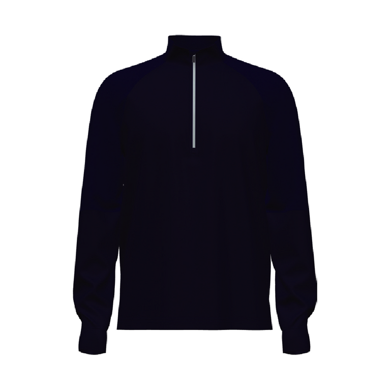 Front view of dark blue long sleeved jacket on white background