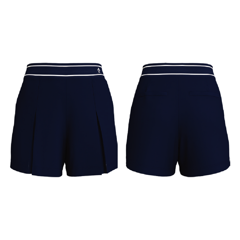 Navy shorts front & back view with white trim