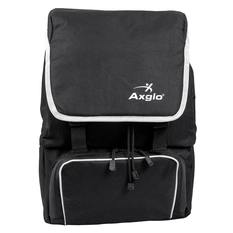 Front view of black cooler bag, all closed up
