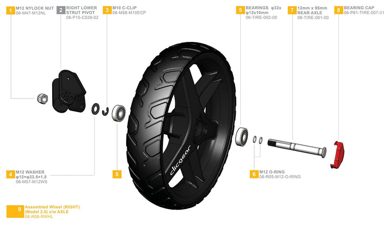 Clicgear 2.0 & 3.0 - Right Wheel Complete - Parts discontinued once not available.