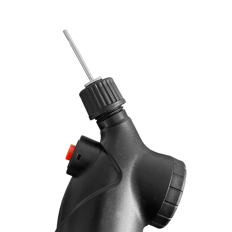 Close-up side profile view of a Black Hand Pump with a pressure gauge. Showing the needle attachment