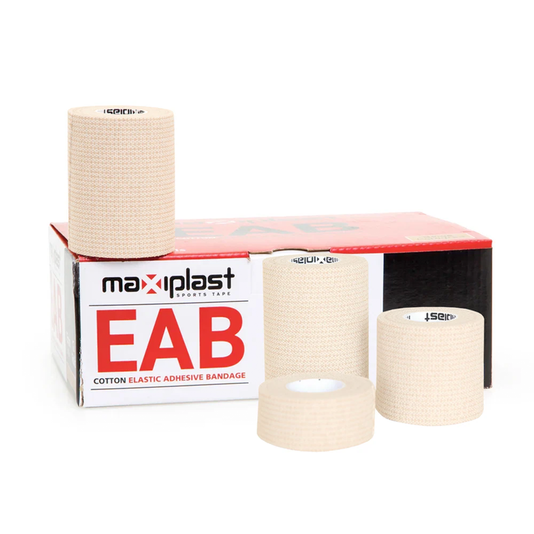 Four rolls of beige elastic adhesive bandage tape displayed in front of and on top of a Maxiplast EAB cotton elastic adhesive bandage box, on a solid white background.