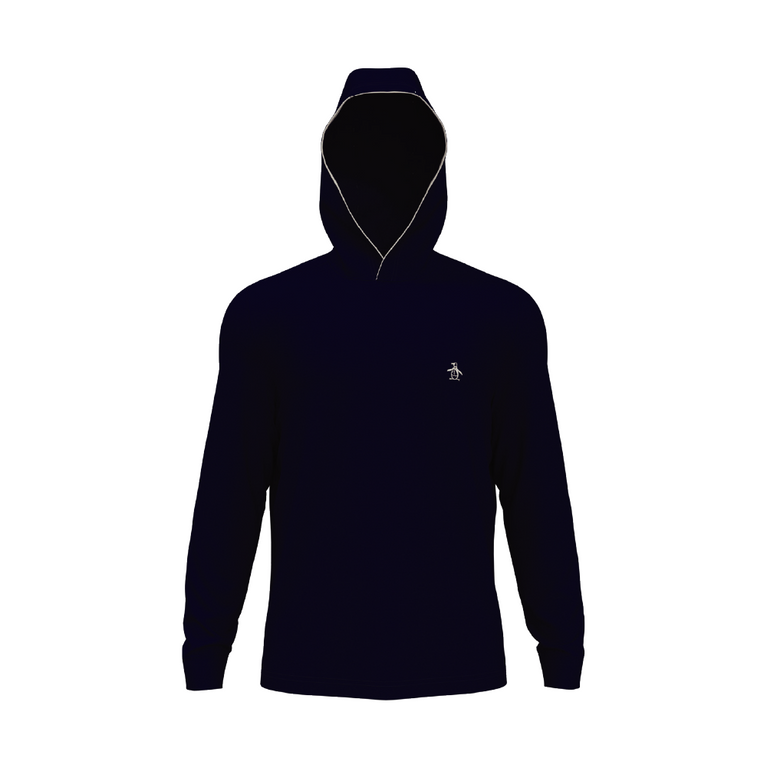 Long sleeved hoodie with white logo & trim on white background