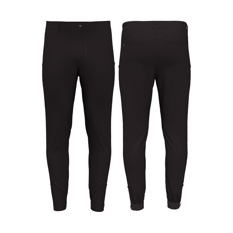 Front & back view of dark grey pants on white background
