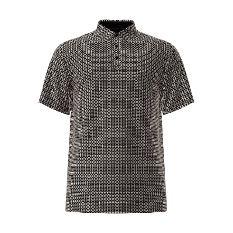 Black and white patterned polo shirt white background