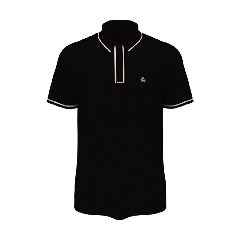 Black polo shirt with white trim on white background