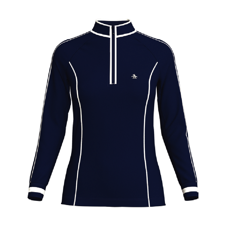Navy long sleeved jacket with white trim on white background