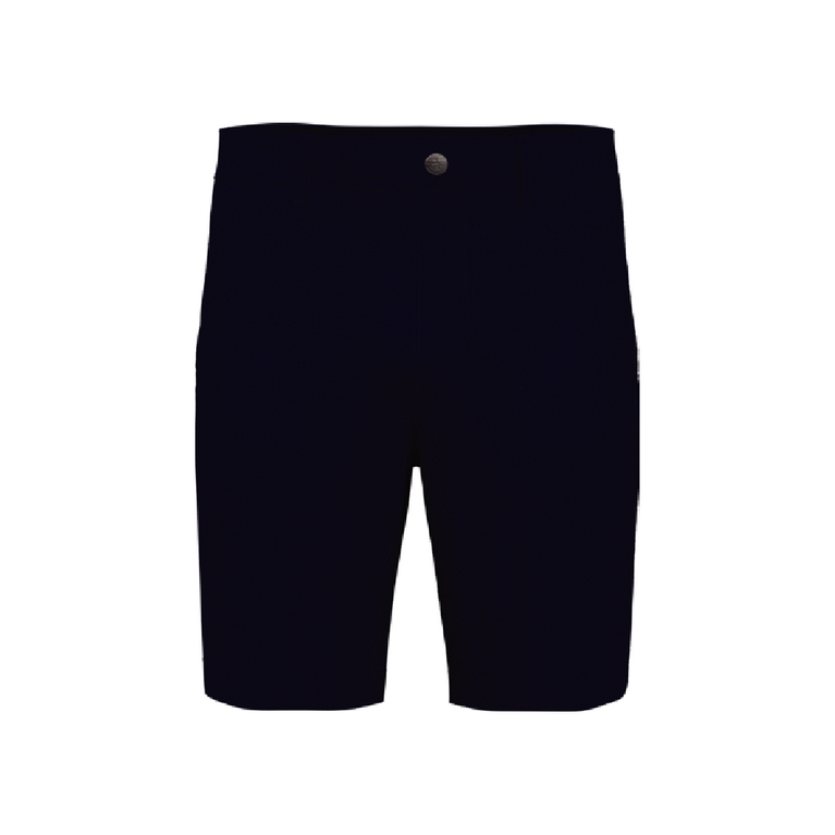 Front view of navy blue shorts on white background