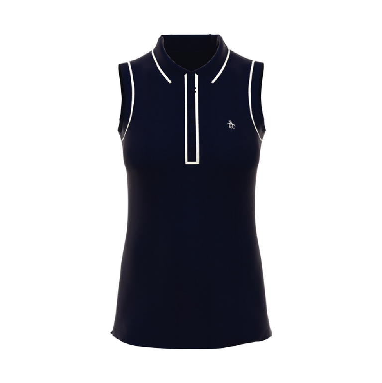 Dark blue sleeveless polo shirt with white trims